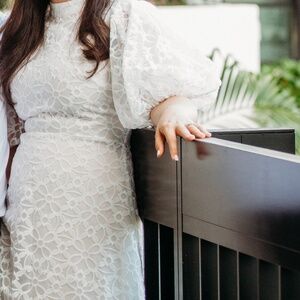 White Lace A Line Dress with Puff Sleeves - M - Shein